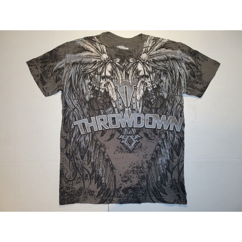 Throwdown Premium Double Skull Aztec Feathered Headdress‎ AOP Mens L Logo Cross